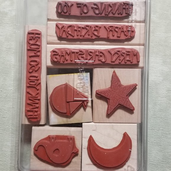 1997-Stampin Up Wood Rubber Stamps Thank You Happy Birthday, Star & Moon Plus - Picture 2 of 7